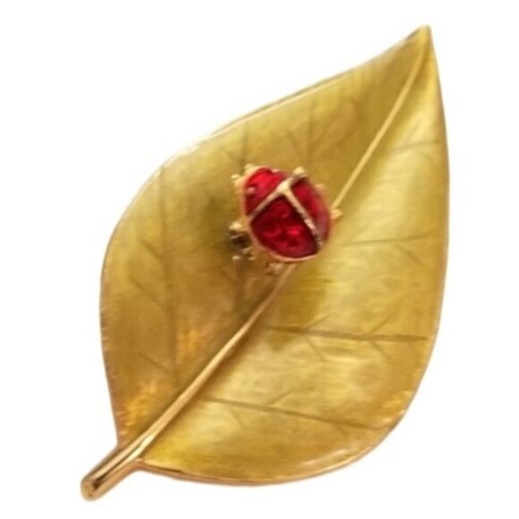 LIA Green Enamel Leaf Lady Bug Trembler Brooch Pin, Signed L72 - Picture 2 of 10
